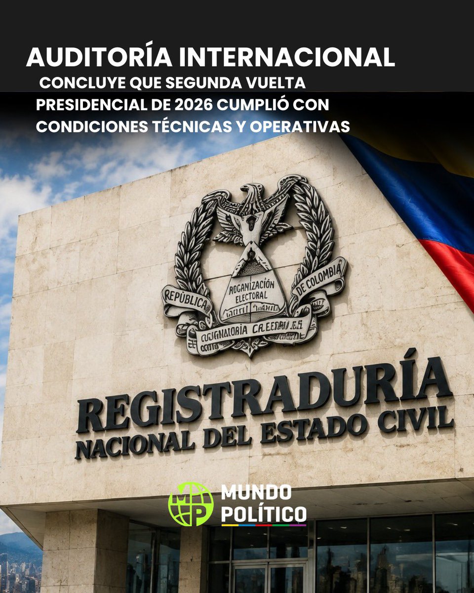 MundoPoliticoCo's tweet photo. 🗳️🇨🇴 La Auditoría Externa Internacional del IIDH/CAPEL concluyó que la segunda vuelta presidencial de 2026 en Colombia se desarrolló bajo condiciones técnicas y operativas adecuadas.

📌 El informe señala que no encontró irregularidades que afectaran los componentes tecnológicos, logísticos, operativos y procedimentales del proceso electoral.

🔎 El organismo también destacó la implementación de controles y mecanismos para garantizar la integridad, continuidad y confiabilidad de la jornada electoral.

#MundoPolítico #Elecciones2026 #AuditoríaElectoral #Colombia #Democracia
