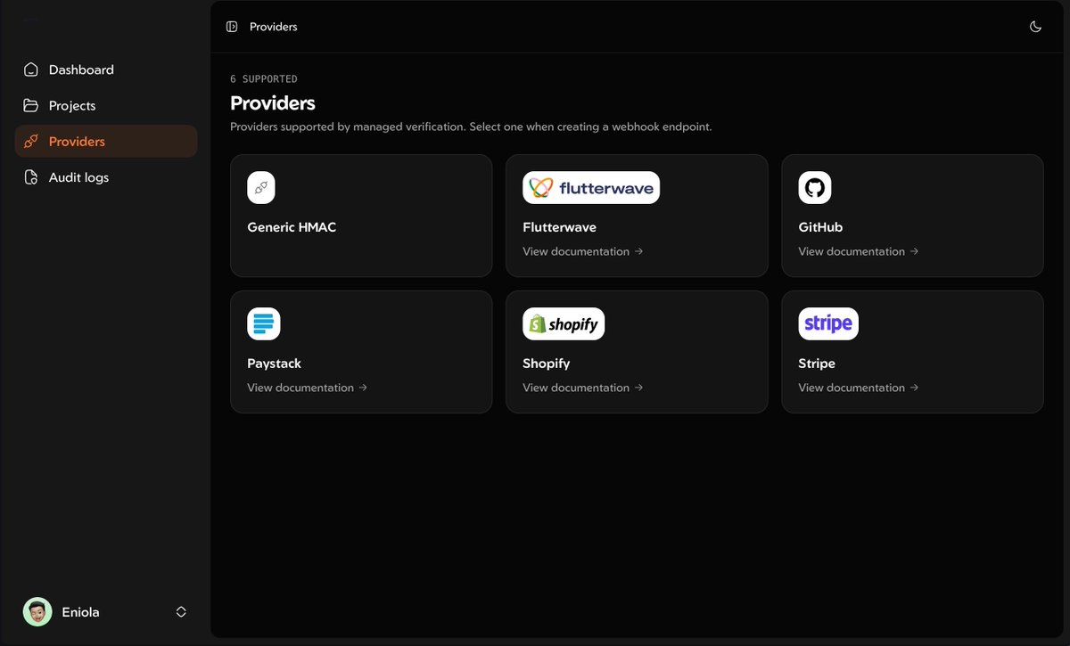 eniola_dev's tweet photo. The webhook gateway has   

Transparent relay - This means it forwards the webhook to your application exactly as it arrives. Your application then handles the signature verification logic.  

Managed Verification - This means the gateway verifies the webhook signature for you before sending it to your application.  

The gateway has some predefined providers, and it uses their signature verification pattern to verify your webhook before sending it to your application.  

I will be adding more providers as we go.