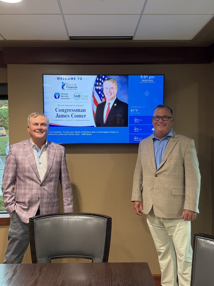 JamesComer's tweet photo. Spoke to a roundtable of Louisville business leaders about federal issues. Also went with my buddy Rep Sarge Pollock to discus healthcare issue with the management team of Citizens Financial….another good day in Jefferson County https://t.co/nFMQjCb12u