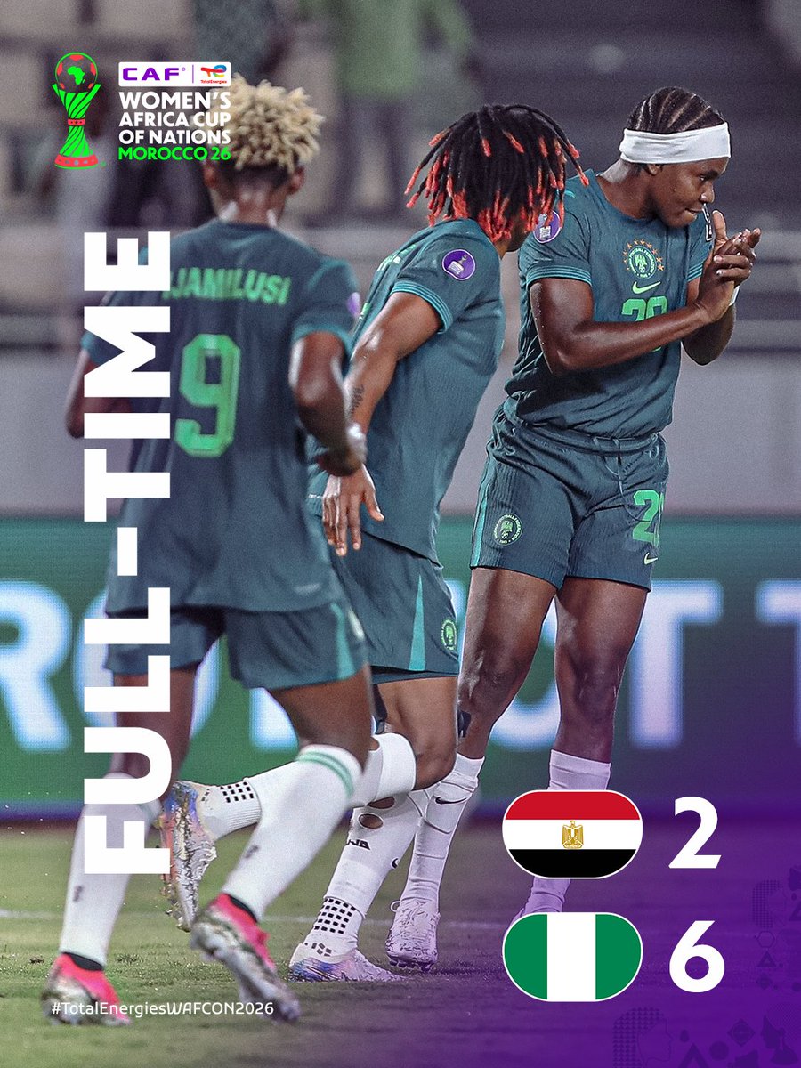 CAFwomen's tweet photo. FULL-TIME! 🇪🇬🇳🇬

A six-goal performance sees Nigeria claim the win. 💪
 
#TotalEnergiesWAFCON2026 https://t.co/deAqA70QWP
