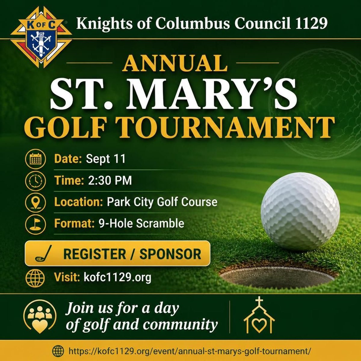 KofC1129's tweet photo. 42nd Annual St. Mary’s Golf Tournament 2026
Friday Sept 11th, 2:30pm
Followed by a BBQ Dinner
This year's charity is Alzheimer Association, Utah Chapter
https://t.co/eTbfC8ftcF
#golf #parkcity #kofc #utahknights https://t.co/p6QfBpnqAx