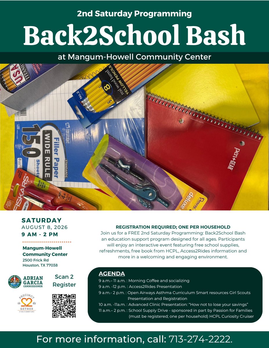 HarrisCoPct2's tweet photo. Get ready for back-to-school season with Harris County Precinct 2!
Join us this Saturday for a variety of FREE back-to-school events happening across Precinct 2.
We can't wait to see you there!! https://t.co/D9Fk7aSgmO