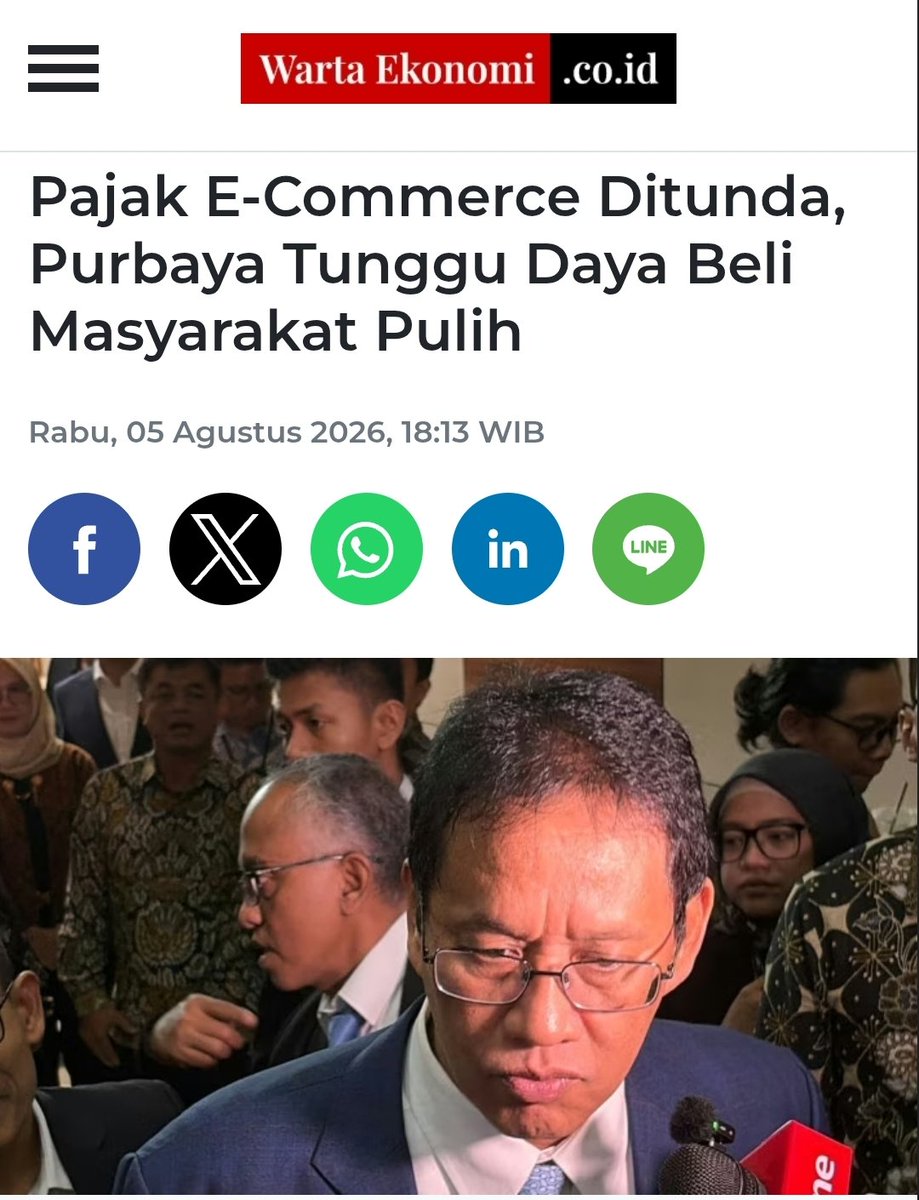 arsipedia's tweet photo. Agustus 2026: Pajak E-Commerce Ditunda, Purbaya Tunggu Daya Beli Masyarakat Pulih https://t.co/m1iB6WrIz4