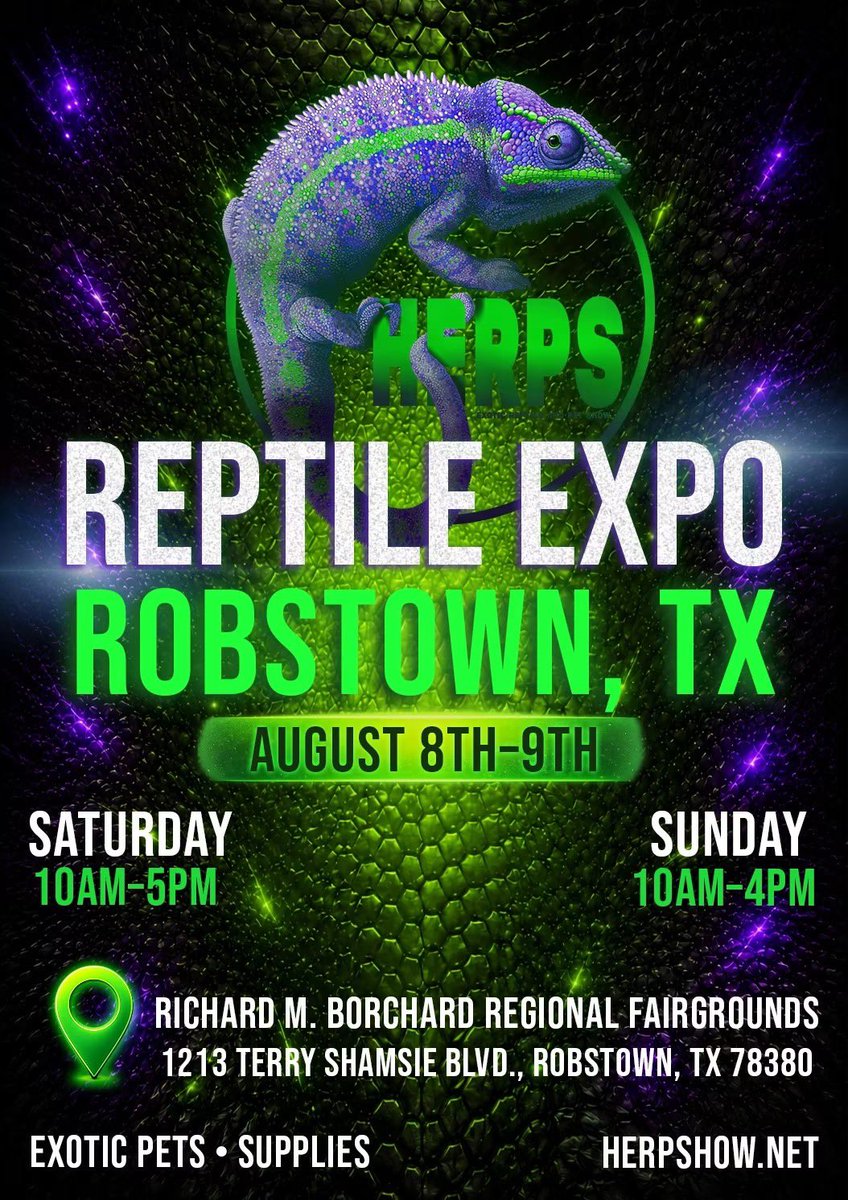 HERPSHOW's tweet photo. 📣 THIS WEEKEND IN ROBSTOWN! ‼️

📅 August 8th–9th
⏰ Sat. 10a–5p | Sun. 10a–4p
📍 Richard M. Borchard Regional Fairgrounds
1213 Terry Shamsie Blvd., Robstown, TX 78380

👉 Learn more at https://t.co/xCim1Ijzu4

#HERPSShow #CorpusChristi #RobstownTX #ReptileExpo #ExoticPets https://t.co/Gfotw8TKN1