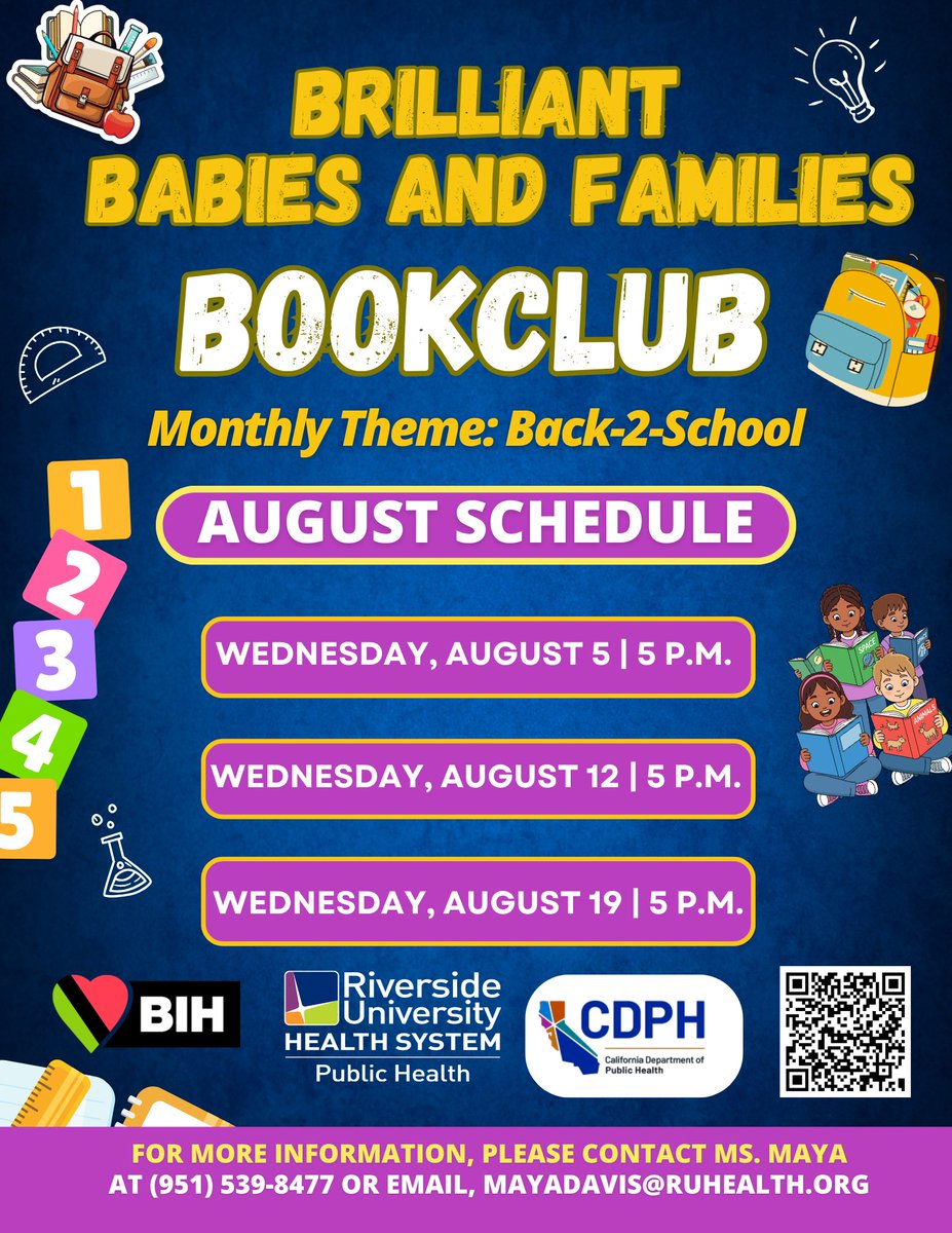 BIHRivco's tweet photo. Hello Brilliant Babies and Families Book club,
Join us virtually this month as we celebrate Back-2-School. Scan the QR Code to join
#BlackInfantHealth #BrilliantReaders #Bookclub #babies #ReadingisFUNdamental #children #RUHS-PH #books #library #literacy #families #success https://t.co/Tnft2iM6Vg