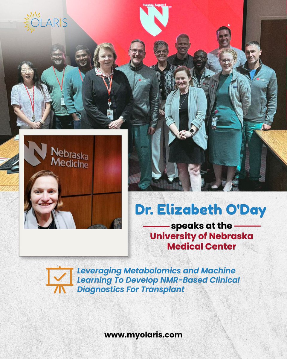 OlarisBoR's tweet photo. Our Founder & CEO, Dr. Elizabeth O'Day, spoke this week at @UNMC on metabolomics, machine learning, and NMR-based diagnostics for transplant. Thank you to host Dr. Roslyn Mannon and Jen Flowers for a great event! 🙏 #Olaris #KidneyTransplant #Metabolomics https://t.co/jiFClbXA2D