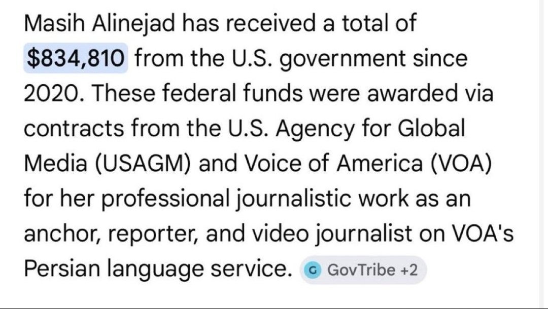 TimeTraveljy's tweet photo. @AlinejadMasih Not your whole story,but,do share why US govt showers you with so much money .

You really have found freedom with US tax dollars. https://t.co/9mTNWlyh9V