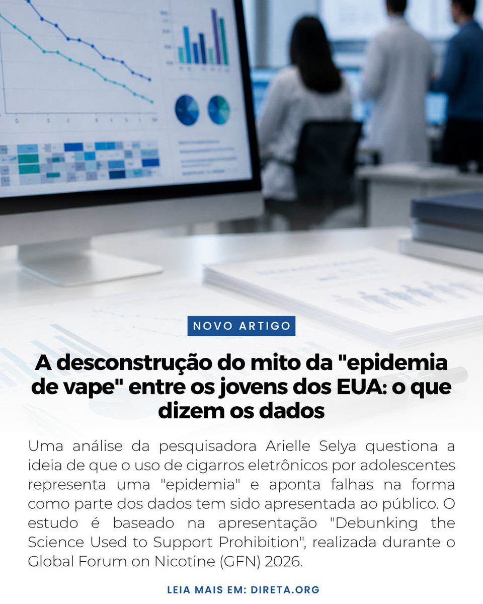 Direta_org's tweet photo. "Epidemia de vape" entre jovens norte-americanos? Uma análise apresentada no GFN 2026 questiona essa narrativa.
A pesquisadora Arielle Selya argumenta que muitos dados são divulgados sem contexto, que a maior parte do uso é experimental e destaca a queda do tabagismo juvenil observada nos últimos anos.
Leia a matéria completa no DIRETA: https://t.co/NutLjTHyAa. 
#Vape #Ciência #ReduçãoDeDanos #Tabagismo