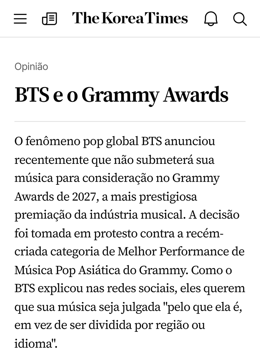 BARMYSTREAM's tweet photo. "Ganhar um Grammy sempre foi visto como a validação máxima da realização artística e frequentemente serve como um marco definidor de carreira. No entanto, aqui estamos testemunhando uma boy band coreana esnobando publicamente uma das instituições culturais mais influentes da América.

A questão é que o BTS não é apenas um dos maiores grupos de K-pop. Tornou-se um dos grupos musicais mais importantes do século XXI, alcançando um nível de influência global comparável ao dos maiores artistas internacionais de qualquer época.

[...] Na verdade, a relação se inverteu. Dado o imenso impacto global do BTS, pode-se argumentar que o Grammy agora se beneficia mais do reconhecimento do BTS do que o BTS se beneficia ao ganhar um Grammy."

— The Korea Times

🔗 https://t.co/8iycqJ65Mw