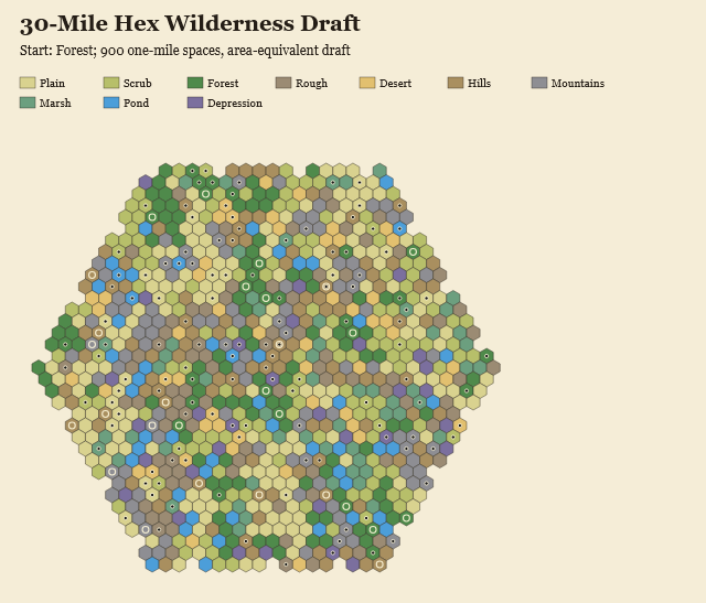 A_DungeonDelver's tweet photo. Familiar is now creating 1-mile hexes in a 30 mile hex. Each hex in the .svg file you can hover over and it gives you the hex number and terrain plus what's in it.  The black dots represent settlements or castles; the details of each hex are output into a text file.  You can choose hex area sizes - for example, just 1 hex surrounded by 6 if you prefer and it will do the same thing.

Familiar is coming - soon.  Pre-orders are available now at a discount.