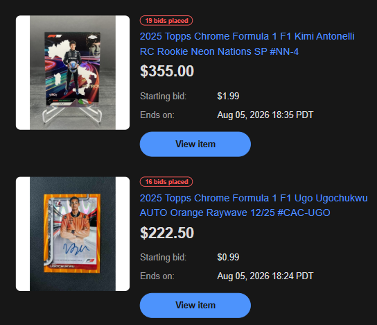 SummitCards's tweet photo. @surgieboi Love your stuff.  Neither of these two auctions are ending at these prices but if you are going for a flip, which has more upside within the next 2-3 years? https://t.co/nJ47IjOQcl