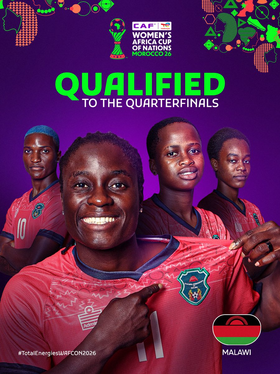CAFwomen's tweet photo. To the Quarter-Finals! 🇲🇼

Malawi are into the quarters. 

#TotalEnergiesWAFCON2026 https://t.co/t2yrFKu1qn