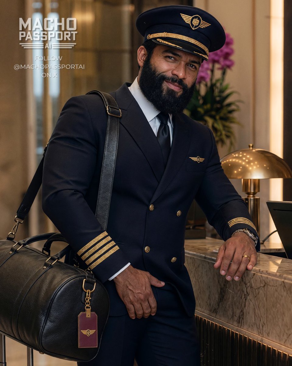 MachoPassportAI's tweet photo. Crew Layover: Bangkok

An international airline captain, Julian has spent years navigating the skies between the world's great cities. New York. London. Dubai. Singapore. Bangkok. Every flight ends somewhere new, but the rhythm remains the same: a hotel key, a familiar concierge, and another sunrise before the next departure.

Tonight, his layover is in Bangkok.

Almost instinctively, he looks up. His eyes meet yours.

That unmistakable look. That recognizable gesture.

A subtle smile. A welcome invitation. A quiet acknowledgment between two people who recognize that every journey has the potential to become something more.

Like and follow @MachoPassportAI for more AI travel stories featuring unforgettable men from around the world and fill your feed with more beards, fur, and muscle.

#MachoPassport #TravelFiction #GayTravel #Daddies #AirlineCaptain #GayPilot