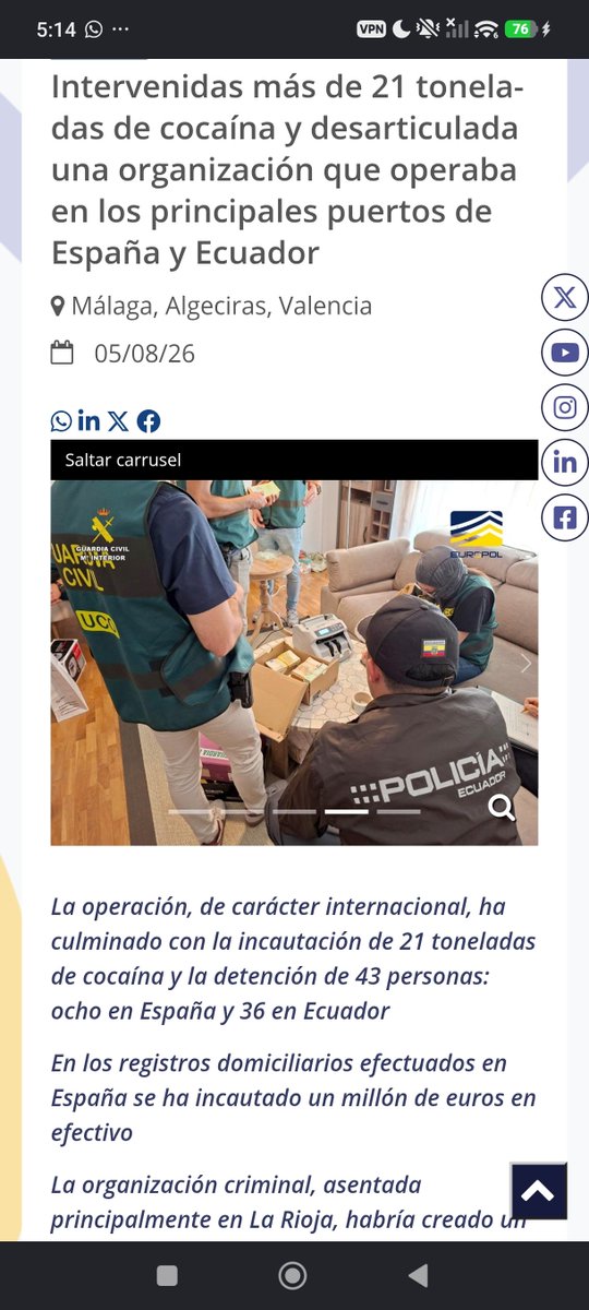 AndresDuranEc's tweet photo. El ministerio del Interior de España acaba de informar que se intervinieron un total de 21 toneladas de cocaína provenientes de Ecuador. La operación Mondragón desarticuló un red de tráfico de sustancias vinculada a los puertos de Guayaquil. ¿Adivinen quién aparece entre los sospechosos? Hoy, 18h00 por @EcEnDirecto.