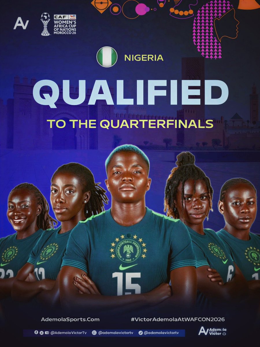 AdemolaVictorTv's tweet photo. QUALIFIED! 🇳🇬✅ Super Falcons are through to the quarter-finals of WAFCON 2026.

A dominant 6-2 win over Egypt in Rabat seals their place in the last eight.

The defending champions march on.
#VictorAdemolaAtWAFCON2026 #SoarSuperFalcons https://t.co/X0C8C2HbbR