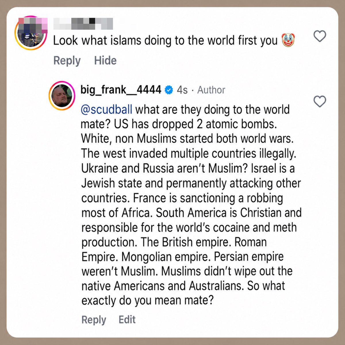 JMNewsNetwork_'s tweet photo. The response of BigFrank who recently embraced Islam to an Islamophobe. 👀 https://t.co/CaFsZBeuQF