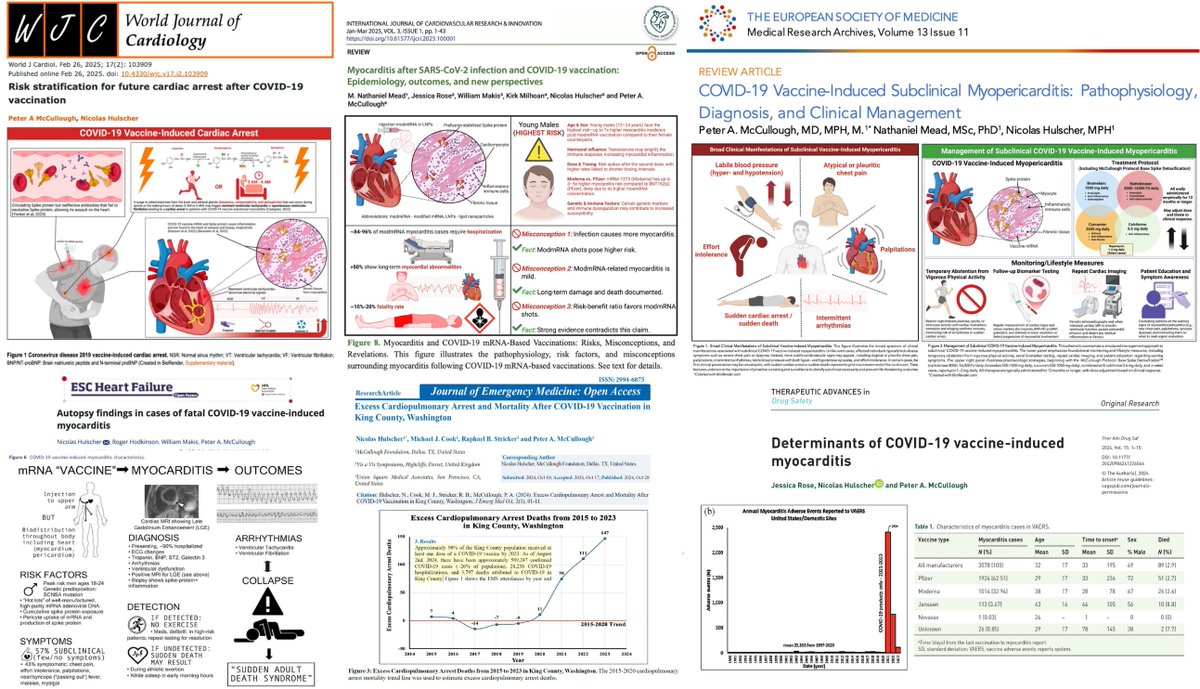 NicHulscher's tweet photo. Our 6 peer-reviewed studies:

1. Hulscher N, Hodkinson R, Makis W, McCullough PA. Autopsy findings in cases of fatal COVID-19 vaccine-induced myocarditis. ESC Heart Fail. 2025;12(5):3212-3225. doi:10.1002/ehf2.14680 (https://t.co/UV7wn2nisS)

2. McCullough PA, Hulscher N. Risk stratification for future cardiac arrest after COVID-19 vaccination. World J Cardiol. 2025;17(2):103909. doi:10.4330/wjc.v17.i2.103909 (https://t.co/WN7lGQHOog)

3. Rose J, Hulscher N, McCullough PA. Determinants of COVID-19 vaccine-induced myocarditis. Therapeutic Advances in Drug Safety. 2024;15. doi: 10.1177/20420986241226566 (https://t.co/g5m6HFw6Tz)

4. Hulscher N, Cook MJ, Stricker RB, McCullough PA. (2024). Excess Cardiopulmonary Arrest and Mortality after COVID-19 Vaccination in King County, Washington. J Emerg Med OA, 2(1), 01-11. doi: 10.33140/JEMOA.02.01.12 (https://t.co/OMVNhwapPR)

5. Mead MN, Rose J, Makis W, Milhoan K, Hulscher N, McCullough PA. Myocarditis after SARS-CoV-2 infection and COVID-19 vaccination: Epidemiology, outcomes, and new perspectives. Int J Cardiovasc Res Innov. 2025; 3(1); 1-43. doi: 10.61577/ijcri.2025.100001 (https://t.co/c0iGuV5ZrG)

6. McCullough PA, Mead N, Hulscher N. COVID-19 Vaccine-Induced Subclinical Myopericarditis: Pathophysiology, Diagnosis, and Clinical Management. Medical Research Archives. 2025;13(11). doi:10.18103/mra.v13i11.7078 (https://t.co/uhVudYdvlU)