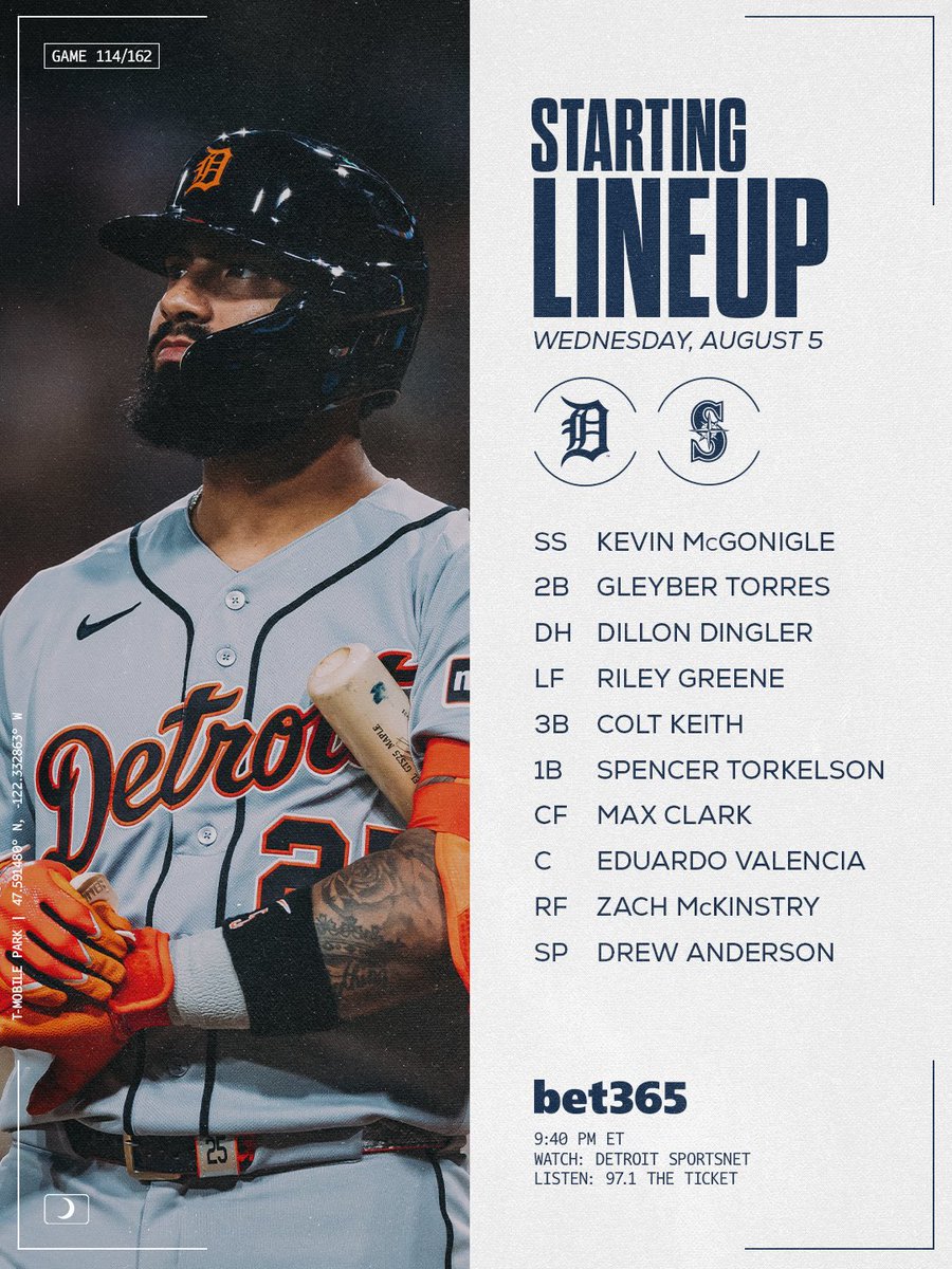 tigers's tweet photo. 2/3 in Seattle 

⚾️ 9:40 PM ET
📺 @WatchDSN
📻 @971theticketxyt
🏟️ T-Mobile Park https://t.co/vf3oAhytBP