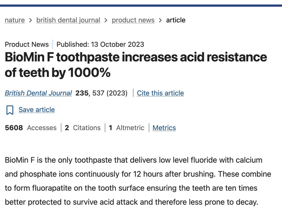 lauriewired's tweet photo. actually, the best toothpaste comes from US Army research into bioactive glass for bone repair during the vietnam war.

a professor in london expanded upon the research for bone grafts and rolled the tech into a company called biomin.  fills the dental microtubules with bioglass that has insane acid resistance

very difficult to get in the US though, it's not OTC.  it's pretty amazing though