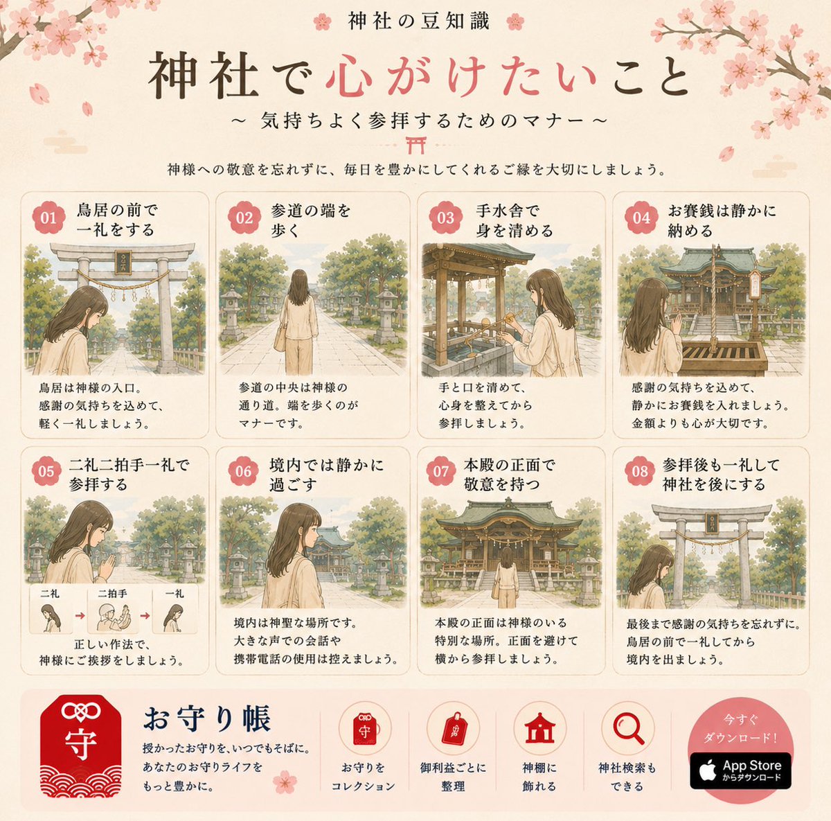 Omamoricho's tweet photo. ⛩️ 神社で心がけたいこと、知っていますか？

ちょっとしたご作法があります🌸

✔️ 鳥居の前では一礼
✔️ 参道は端を歩く
✔️ お賽銭は静かに納める
✔️ 参拝後も一礼して神社を後にする
・・・

次に神社へ行くときに、ぜひ思い出してみてください⛩️

#神社 #神社巡り #お守り #お守り帳 https://t.co/k869C7FoqW