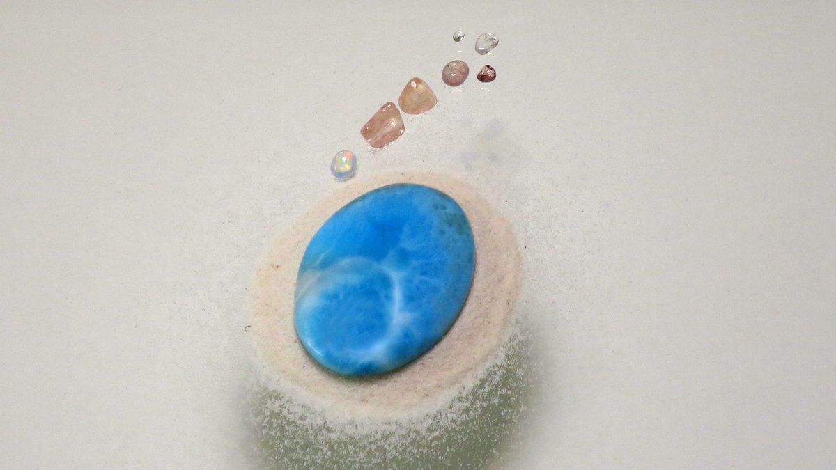 Sand_Therapy's tweet photo. larimar, morganite, epidote in quartz, white sand, ethiopian opal, etc. https://t.co/cH2MqBF9qo