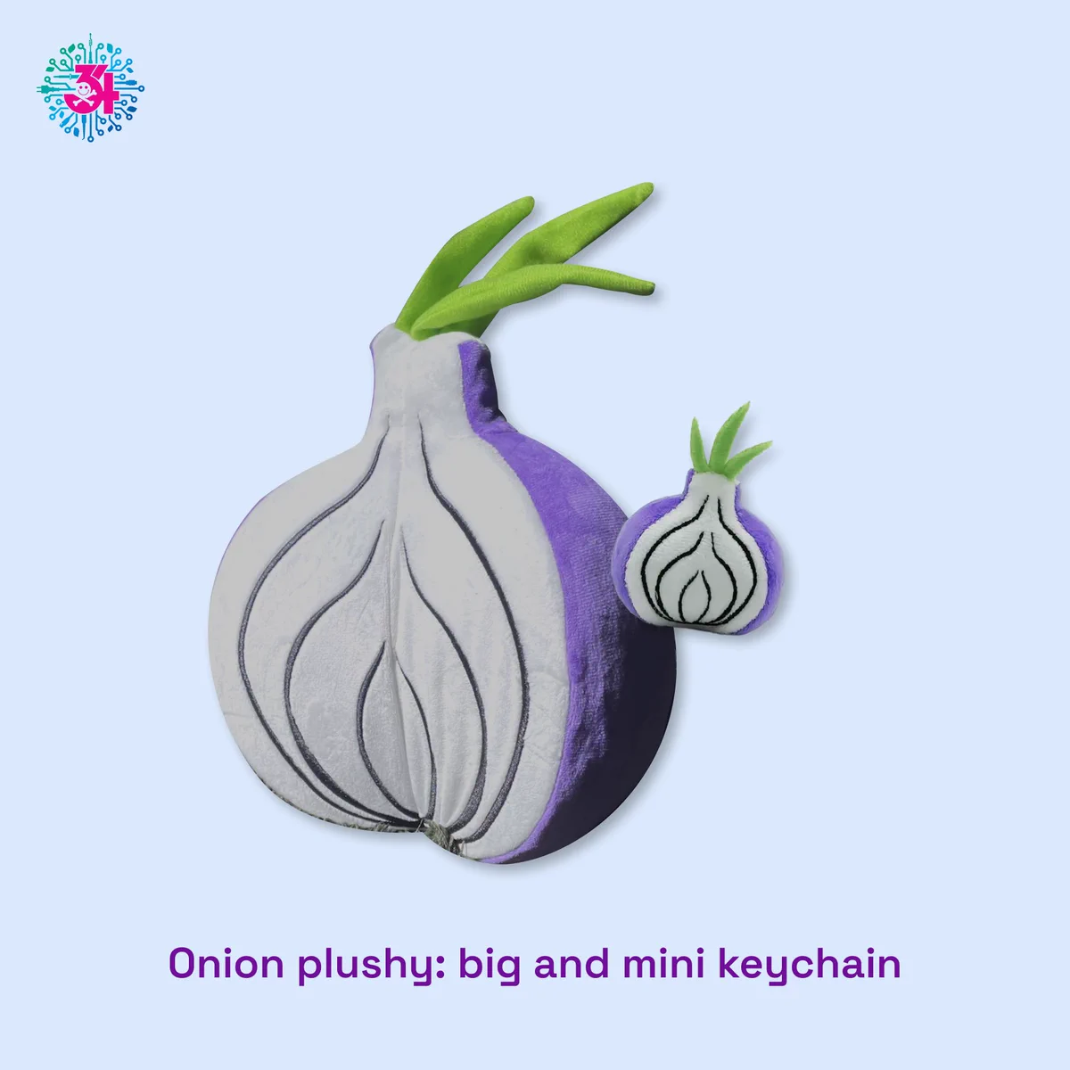 Red-onion-shaped plushie reminiscent of the Tor logo with a slice cut out revealing the layers of the onion, with a smaller version next to on a light-blue background.