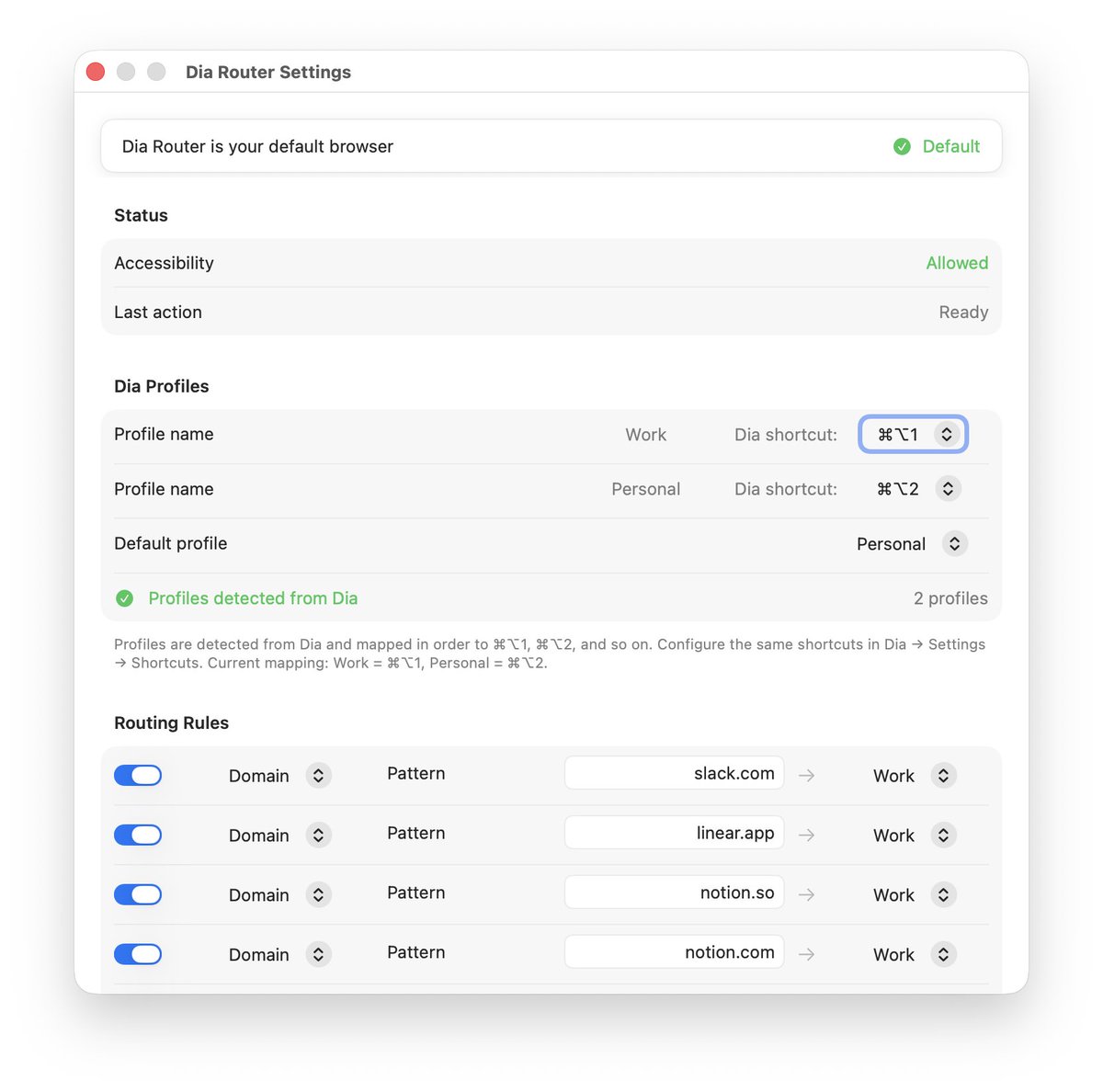 jdsimcoe's tweet photo. Built a little app called @diabrowser Router that essentially gives me "Air Traffic Control" from Arc. I set it as my default browser it does Profile detection and auto routes links to the right profile. You can also ⌘⇧ + Click to send links from one Profile to the other.