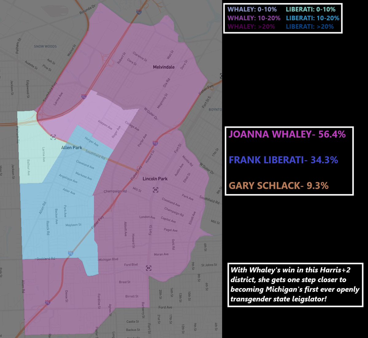 Uncrewed's tweet photo. Last night's primary in Michigan's #HD02 saw Joanna Whaley get closer to becoming Michigan's first ever transgender state legislator when she dominated in this downriver district.
She won by 22% over Frank Liberati, who tried to sue her off the ballot for not using her deadname. https://t.co/y6O3HZTtgY
