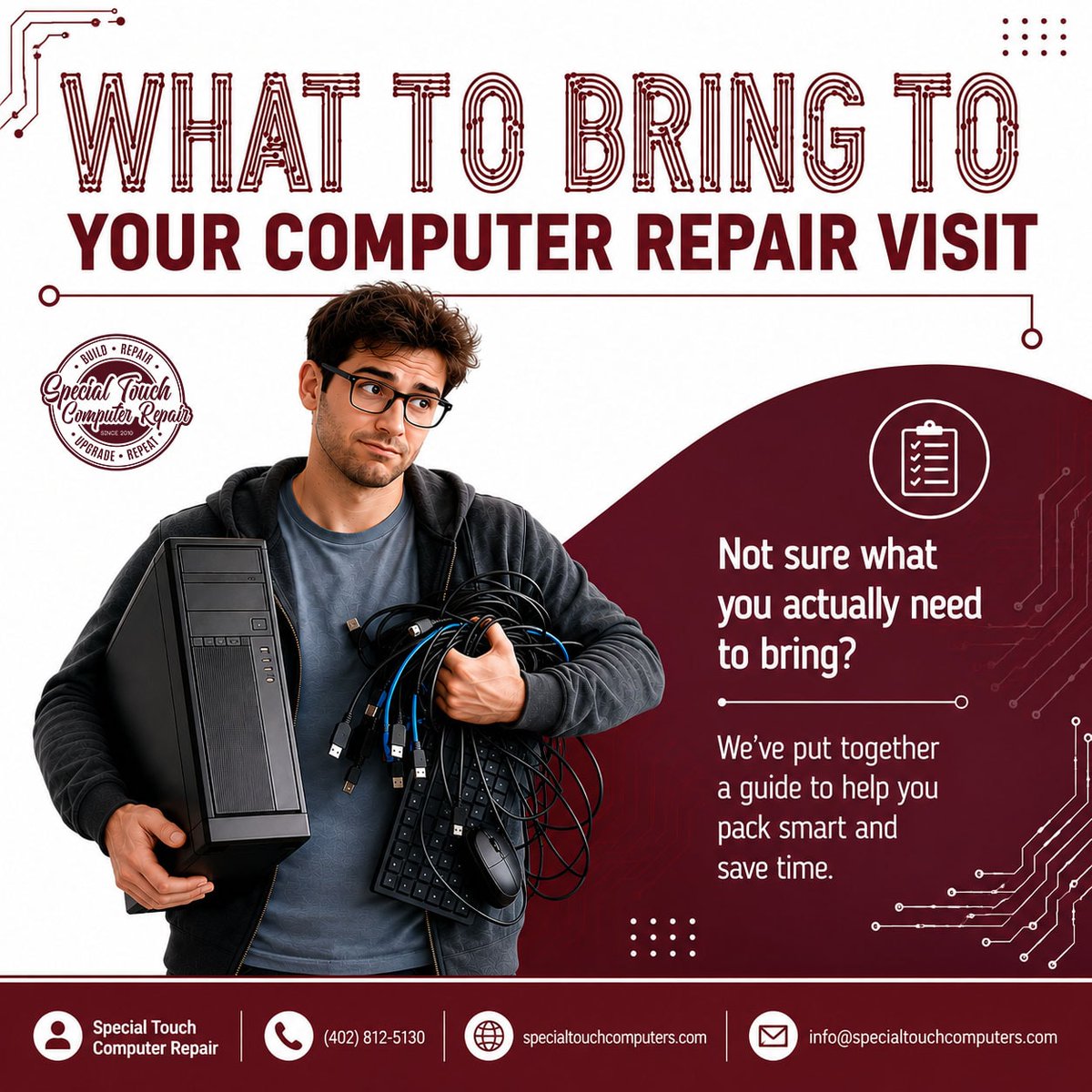 STCRepair's tweet photo. 💻 Not sure what to bring to your computer repair visit?

Skip the guesswork. Our quick checklist covers exactly what to bring, and what to leave at home.

Read more 👇
 https://t.co/aNCqGXR2Rw https://t.co/5IECEDyjqA