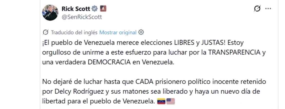 AREA58_Vzla's tweet photo. 🚨🇺🇸🇻🇪 RICK SCOTT: “NO DEJARÉ DE LUCHAR HASTA QUE CADA PRESO POLÍTICO EN VENEZUELA SEA LIBERADO”

https://t.co/rqwHfG0WRj

#Venezuela #RickScott #PresosPolíticos #EleccionesLibres #Democracia https://t.co/fv388fxgGv
