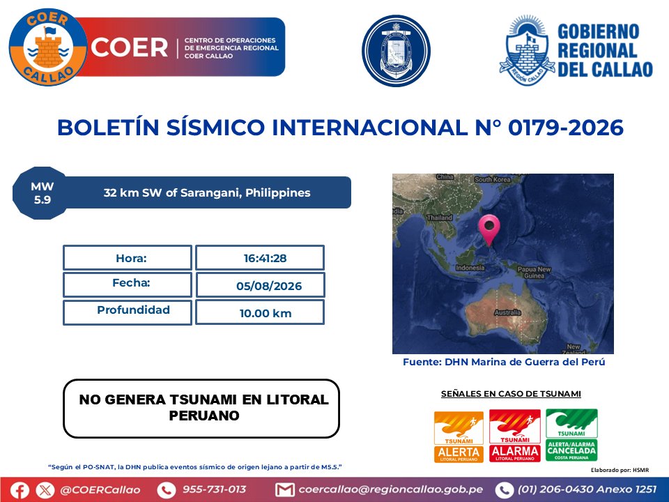 COERCallao's tweet photo. SISMO INTERNACIONAL N°0179 - 32 km SW of Sarangani, Philippines. #Callao #Bellavista #CarmenDelaLeguaReynoso #laPerla #LaPunta #MiPeru #Ventanilla #GobiernoRegionalDelCallao #COERInforma https://t.co/k59gbHPMKj