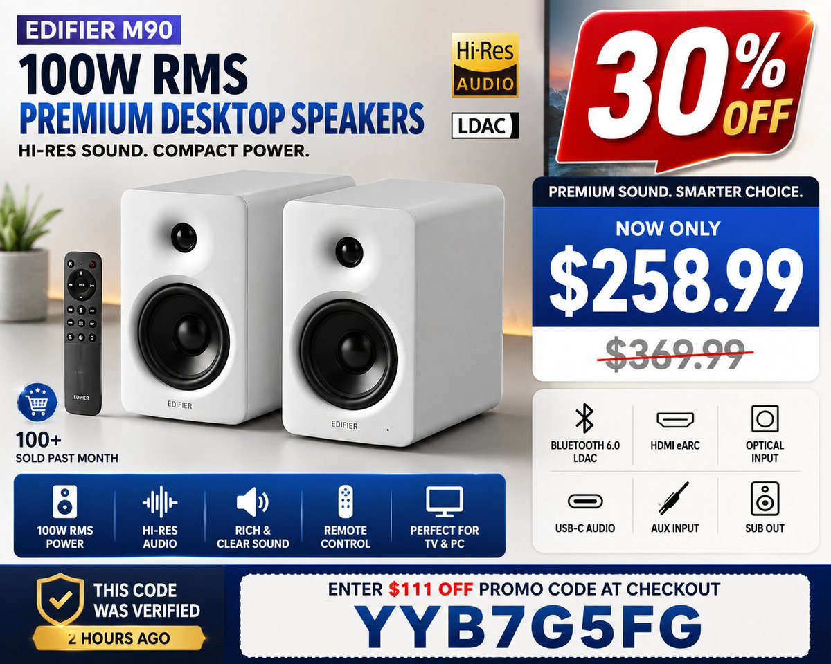 AmazonBBZ's tweet photo. Edifier M90 Desktop Speakers

Only $258.99 (30% Off)
Use Code: YYB7G5FG

🔗 Link: https://t.co/Kco6tXlVac https://t.co/LCRdgMIkb0