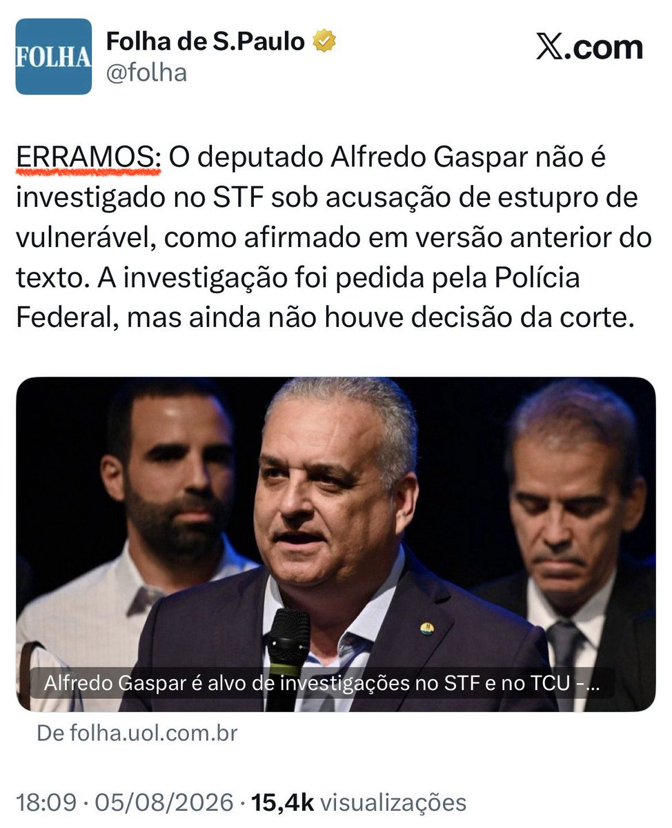 lucasbovesp's tweet photo. Não é um simples erro de digitação, acusar alguém de um crime dessa gravidade exige responsabilidade e compromisso com a verdade antes da publicação, não depois.

O método é sempre o mesmo: Quando o estrago está feito, vem o tímido “ERRAMOS”.
A reputação de uma pessoa não é recuperada com uma nota de correção, quem leu a manchete nem sempre verá a retratação.
O desserviço, não muda!