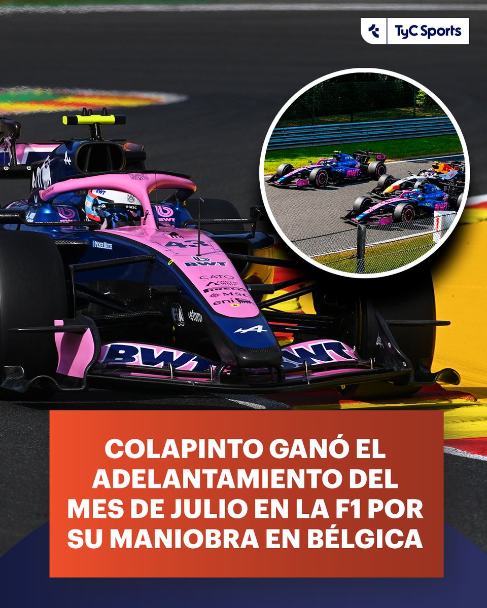 TyCSports's tweet photo. 🏎️👏 El gran rendimiento de Franco Colapinto en el Gran Premio de Bélgica sigue dejando consecuencias positivas. Esta vez, el argentino fue distinguido por los fanáticos de la Fórmula 1, que eligieron su doble sobrepaso como el mejor adelantamiento del mes en la votación oficial organizada por la categoría. La secuencia premiada mostró un notable doble adelantamiento sobre Liam Lawson y Pierre Gasly en una misma maniobra.