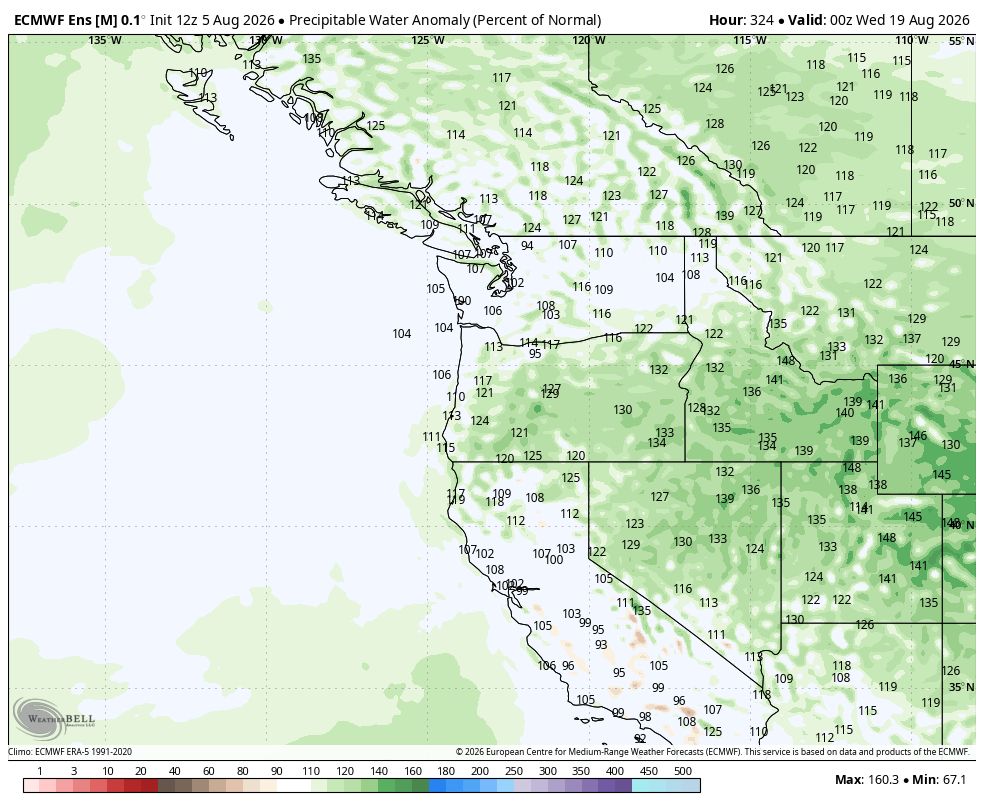 NSDwx's tweet photo. Something to watch in the long-range. This trough just off the west coast has been showing up in the ECMWF weeklies for a few days now. Now the EPS is coming into range. A lot to iron out, but this would certainly be a watch out pattern for dry lightning. #wawx #wawildfire https://t.co/u3EAtw6SBr