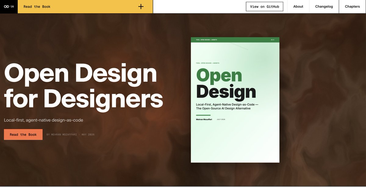 imehr's tweet photo. The part of Open Design that changed how I think about design work: the brand system.

A DESIGN.md file becomes the contract between your brand and every AI agent you use — tokens agents can read, components agents can reuse, rules agents can follow.

Same brand spec, any model: Claude Code, Codex, Cursor, Gemini. Your design system stops living in someone's cloud and becomes a file your team owns.

That's Chapter 5 of my new book. Read it free: https://t.co/tcXnkj278h
Repo: https://t.co/nY1KItG5O1