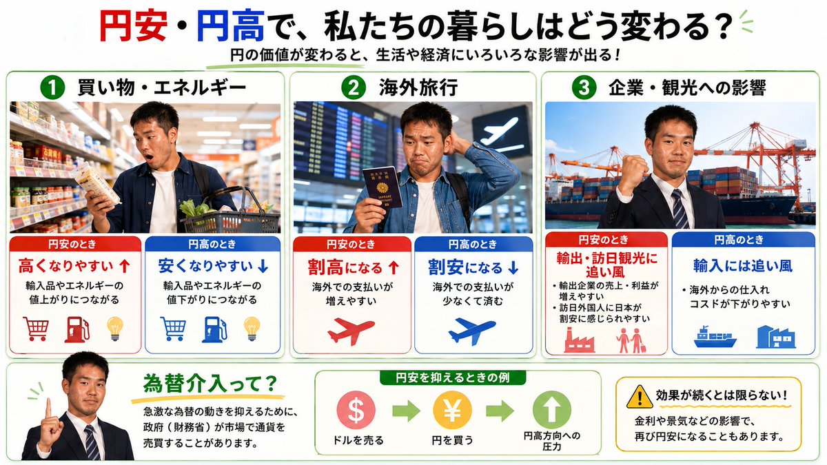 koji_ysenpai's tweet photo. 最近ニュースでよく聞く「為替介入」
そもそも円安・円高ってなに？
暮らしへの影響は？

野獣先輩がやさしく解説するゾ https://t.co/k8Y5vFmwAV