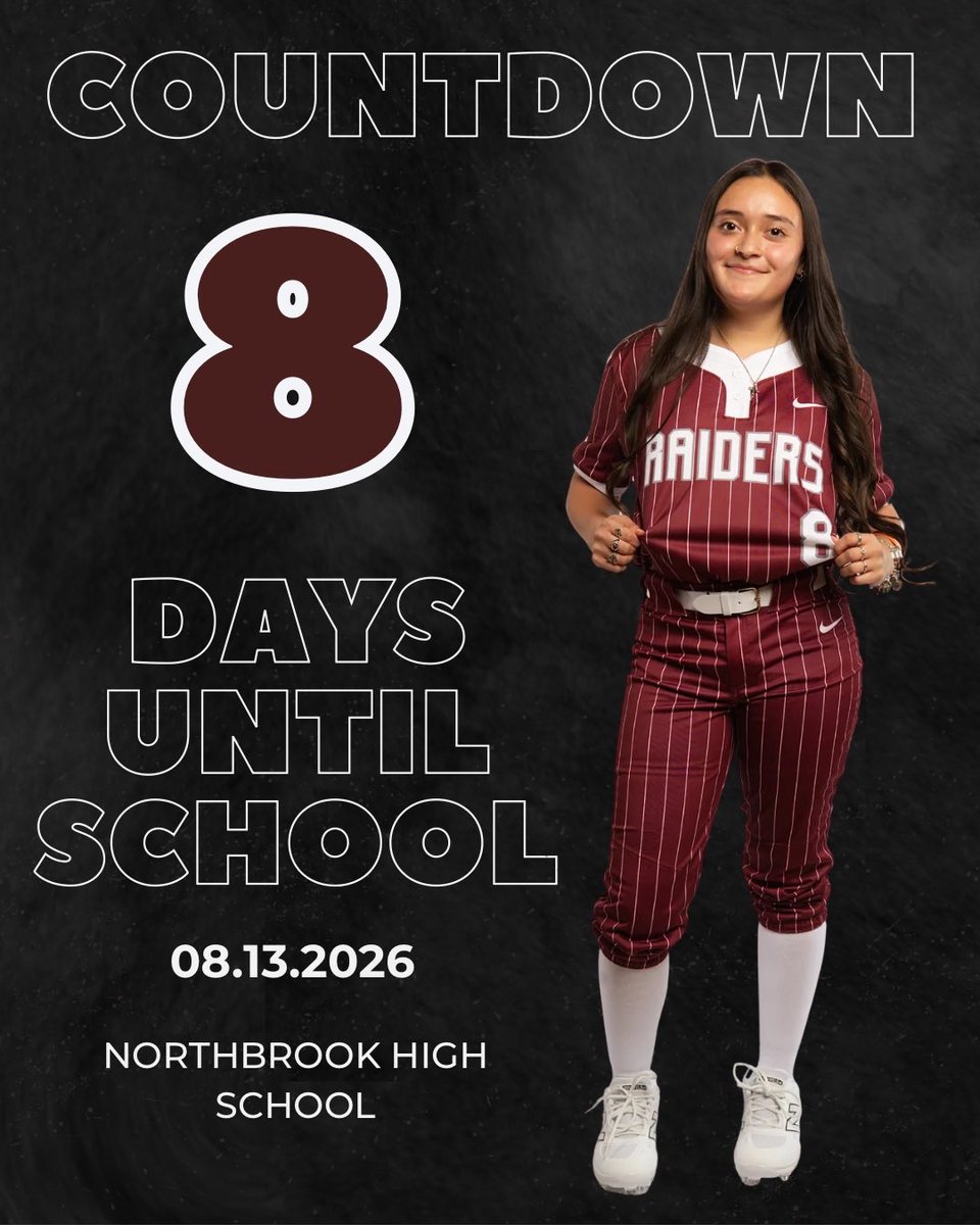 raidersoft_ball's tweet photo. Every day brings us one step closer.
8 days until school starts. Time to lock in and get ready for another great year on and off the field. ❤️🥎 #NorthbrookSoftball #Raiders https://t.co/jZqoaqdRi4