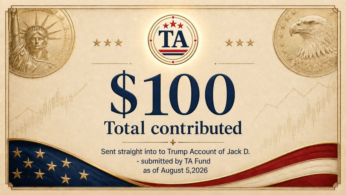 TA_fund's tweet photo. @TrumpAccounts Congratulations to Jack D. for receiving a $100 Trump Account contribution. 🇺🇸 https://t.co/QHu5SHt8Xp