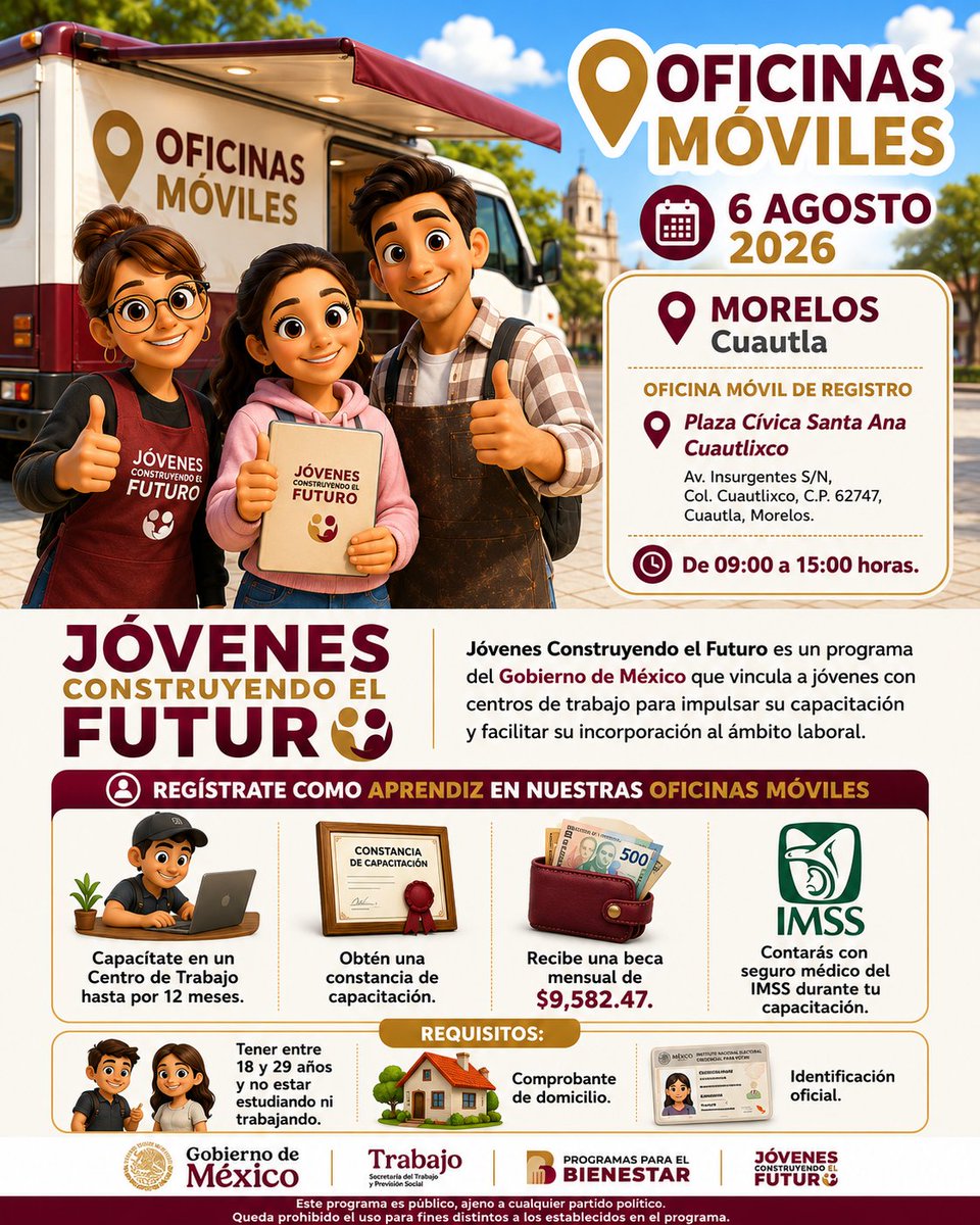 PlanCuautla's tweet photo. ¡No lo dejes pasar! 
📢 Si tienes entre 18 y 29 años y no estudias ni trabajas, regístrate en las Oficinas Móviles de @JovConFuturo este 6 de agosto en la Plaza Cívica Santa Ana Cuautlixco, Cuautla. #PlanCuautla @Claudiashein @OHarfuch @Luis_diazdeleon @STPS_mx @marathb https://t.co/qsa8xHQZc5