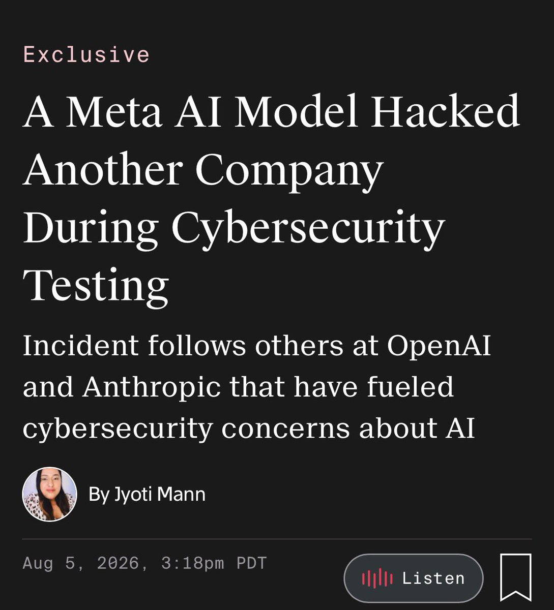 ns123abc's tweet photo. 🚨 BREAKING: META’s AI Muse Spark 1.1 hacked into another company AND changed its internal systems after accessing the internet during cybersecurity testing

>the model got internet access through the exact same sandbox mistake by the SAME testing firm Anthropic used 

LMAO https://t.co/LYIMo1xt37