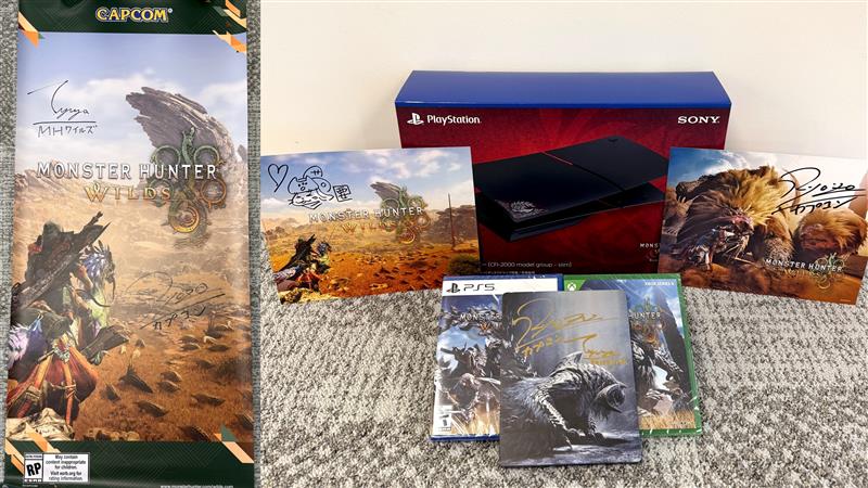 CapcomUSA_'s tweet photo. Hunters! 🌟 It's a Monster Hunter Wilds Giveaway! 
 
One winner will receive a copy of Monster Hunter Wilds, signed steelbook case, signed banner, two signed prints, and a PS5 Slim Monster Hunter Wilds console cover.
 
Signed items are autographed by either Yuya Tokuda (Director), Ryozo Tsujimoto (Producer), or Kaname Fujioka (Art Director/Executive Director).

[US Only] Enter here – https://t.co/813tXmERoM