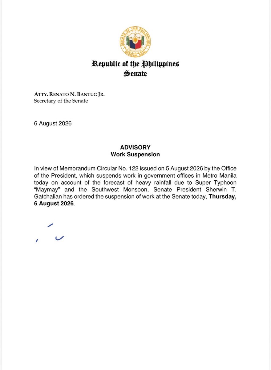 nimfaravelo's tweet photo. Walang pasok ngayon sa Senado dahil sa masamang panahon. 
Aug. 6, 2026
@dzbb https://t.co/eix1ZXc3kB