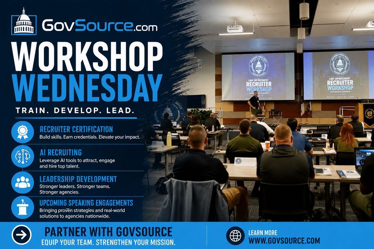 GovSource's tweet photo. WORKSHOP WEDNESDAY

Great recruiters aren’t born. They’re developed.

Recruiter Certification • AI Recruiting • Leadership • Speaking Engagements

Helping public safety agencies recruit, develop, and lead.

https://t.co/QT6SspWAWr

#PoliceRecruiting #Leadership #PublicSafety https://t.co/rJ5MKL2SWg
