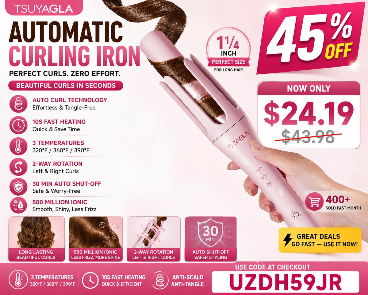 AmazonBBZ's tweet photo. TSUYAGLA Automatic Curling Iron

Only $24.19 (45% Off)
Use Code: UZDH59JR

🔗 Link: https://t.co/zFk7afHSLF https://t.co/YobM38LFag