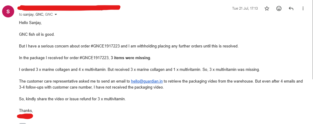 supramaniac's tweet photo. @GNC_India @GNC_livewell 

I was scammed by GNC INDIA

I placed order for 3x Collagen and 4x Multivitamin vide order#GNCE1917223.
But I received 3x Collagen and 1x Multivitamin.

𝟯𝘅 𝗠𝘂𝗹𝘁𝗶𝘃𝗶𝘁𝗮𝗺𝗶𝗻 𝘄𝗮𝘀 𝗺𝗶𝘀𝘀𝗶𝗻𝗴

Please look into it and refund missing items https://t.co/tvdQsjU8g4