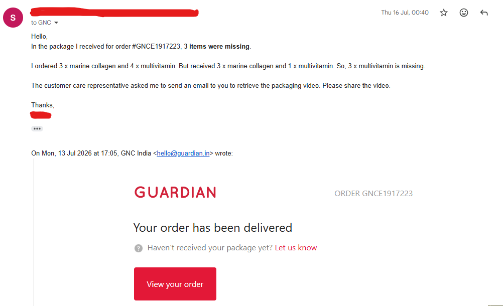supramaniac's tweet photo. @GNC_India @GNC_livewell 

I was scammed by GNC INDIA

I placed order for 3x Collagen and 4x Multivitamin vide order#GNCE1917223.
But I received 3x Collagen and 1x Multivitamin.

𝟯𝘅 𝗠𝘂𝗹𝘁𝗶𝘃𝗶𝘁𝗮𝗺𝗶𝗻 𝘄𝗮𝘀 𝗺𝗶𝘀𝘀𝗶𝗻𝗴

Please look into it and refund missing items https://t.co/tvdQsjU8g4
