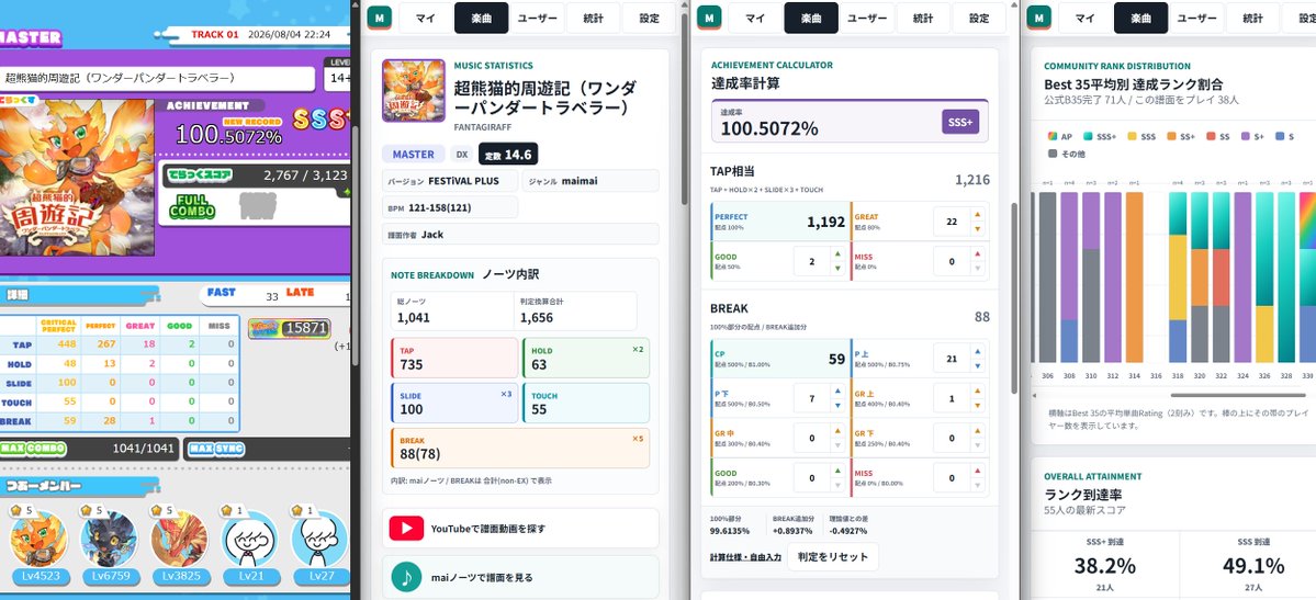 pikachu0310VRC's tweet photo. maimaiの許容を厳密に計算するツールを作りました！
ノーツ内訳(noExBreak数含む)も各楽曲ページに表示！
MaiRecはウェブで誰でも使えるよ～ (リンクはリプに！) #maimai https://t.co/pwaRK4xueM