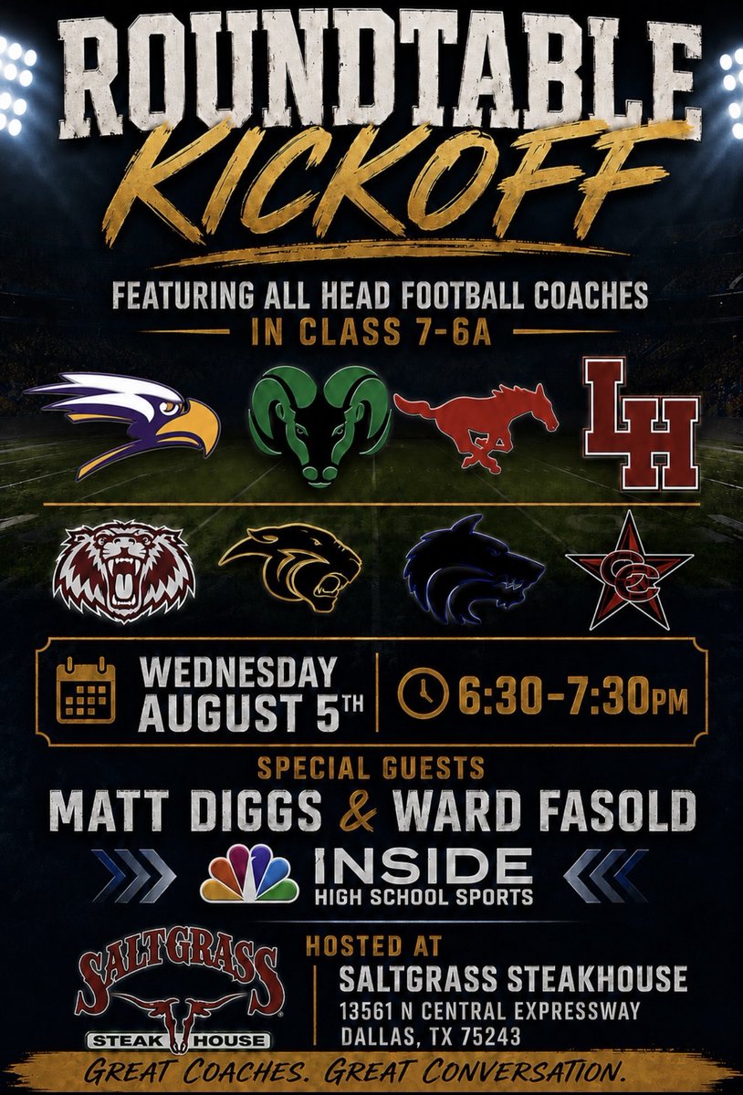 WolvesPlano's tweet photo. Need dinner plans tonight? 🍽️

Head over to Saltgrass Steak House, enjoy a great meal, and hear Coach Soukup preview the 2026 season at the District 7-6A Roundtable Kickoff. Kickoff is at 6:30 PM! https://t.co/B7wx7Id9iD