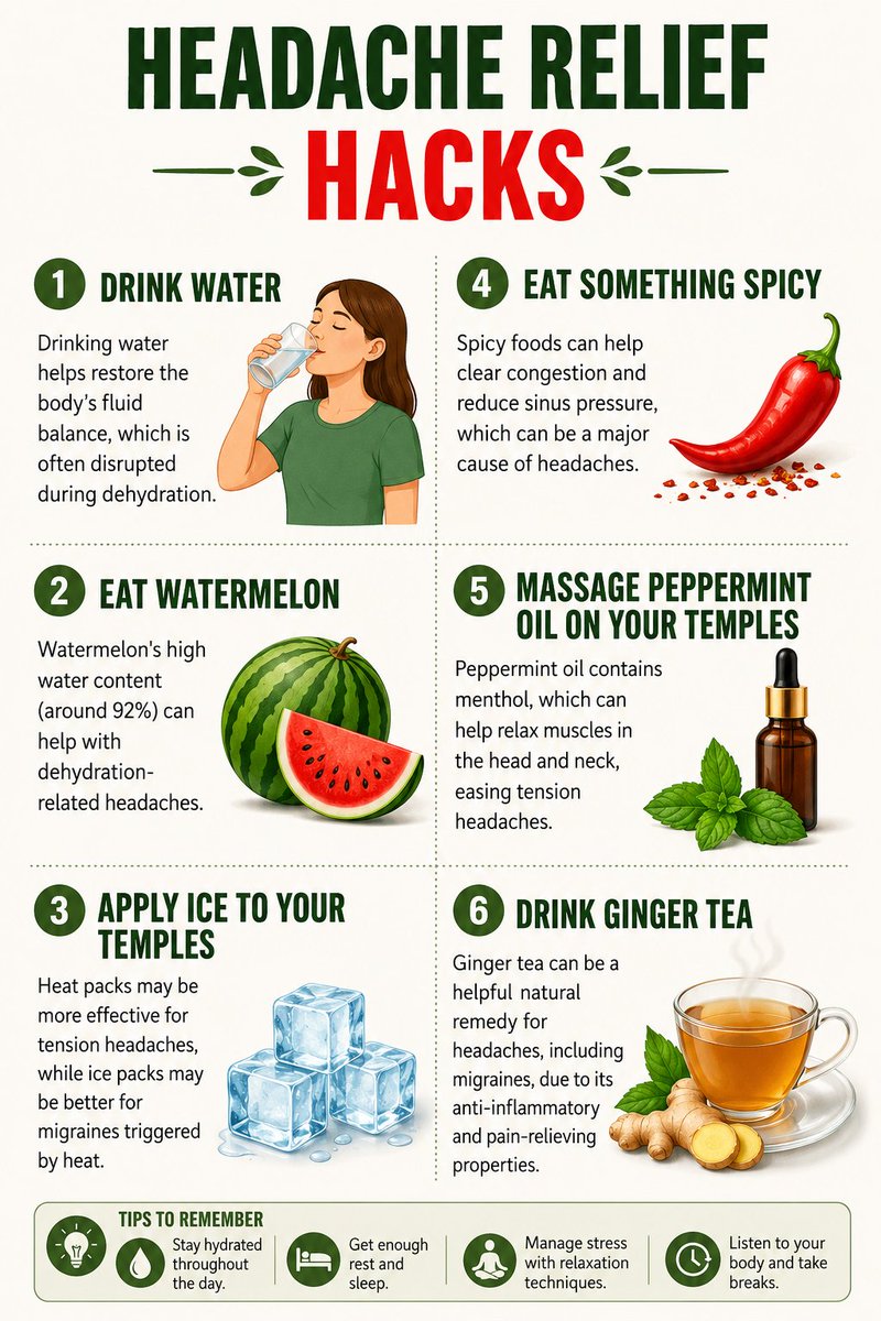BarbaraOneillAU's tweet photo. 😩 Got a Headache? Try These Natural Hacks Before Reaching for Pills! 🌿💆‍♂️

1️⃣ Drink Water – Dehydration is a major trigger. Hydrate to balance your system.
2️⃣ Eat Watermelon – It’s 92% water and perfect for quick hydration! 🍉
3️⃣ Apply Ice to Temples – Especially helpful for heat-triggered migraines 🧊
4️⃣ Eat Something Spicy – Clears sinuses and pressure naturally 🌶️
5️⃣ Peppermint Oil Massage – Relaxes head and neck tension instantly 🌿
6️⃣ Sip Ginger Tea – Anti-inflammatory, pain-relieving, and calming 🍵

✨Your body knows best—listen to it and heal naturally!